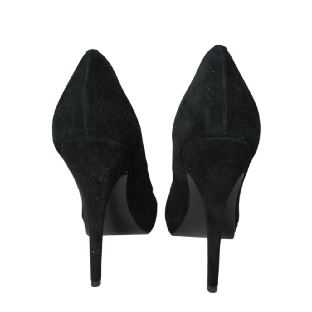 BEVERLY FELDMAN Black Suede Peep Toe Pumps Women's Size 7.5 Leopard Rose